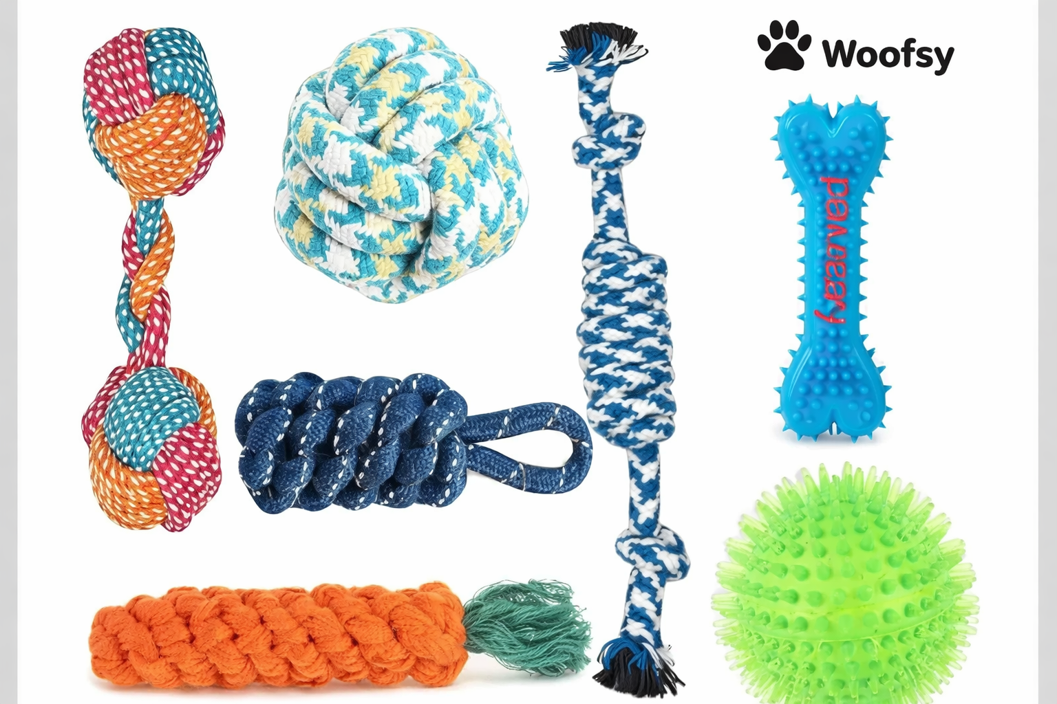 Woofsy Dog & Puppy Toy Set – Chew, Teething, Rope and Tug Toys for Small to Medium Dogs (Washable Cotton, Pack of 6) 🐾