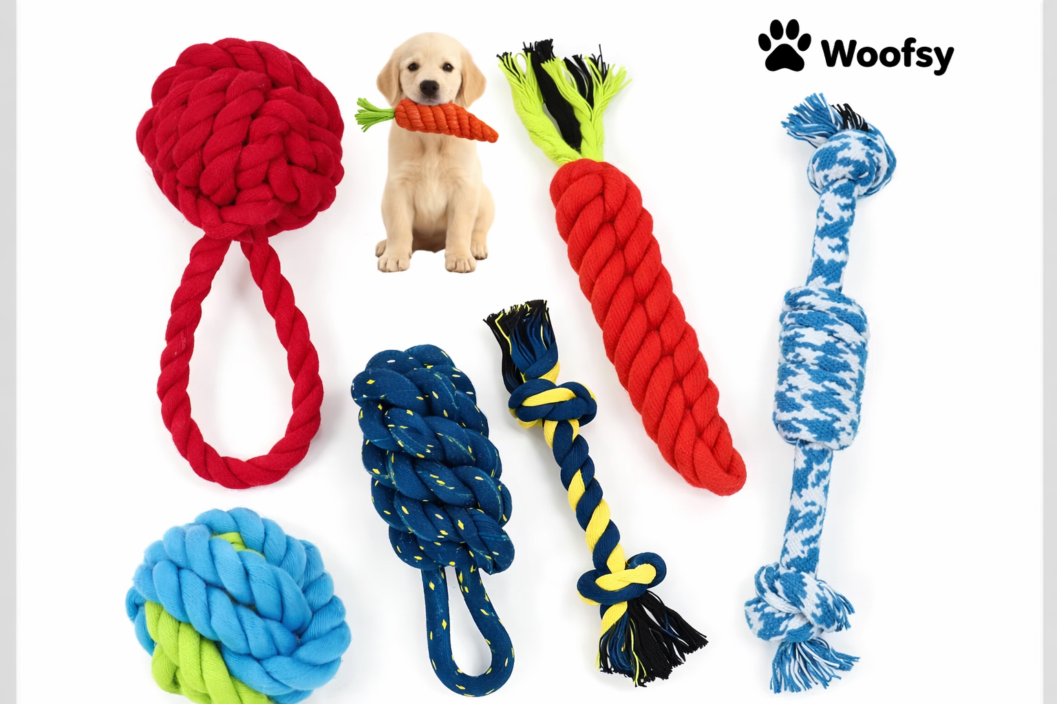Woofsy Dog & Puppy Toy Set – Chew, Teething, Rope and Tug Toys for Small to Medium Dogs (Washable Cotton, Pack of 6) 🐾