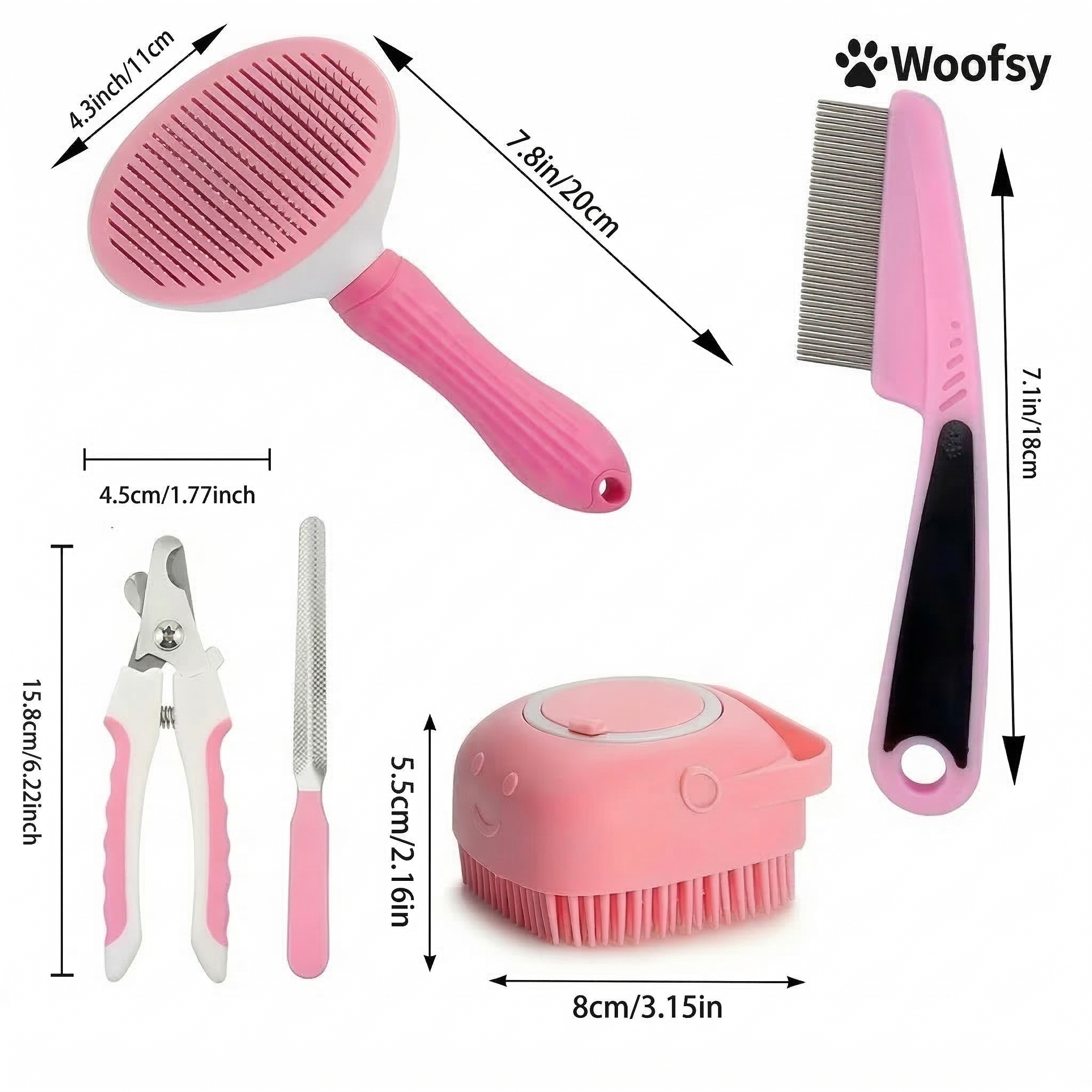 Woofsy Pet Grooming Kit – Dog Hair Remover Comb, Flea Comb, Shampoo Brush & Nail Clippers (Pack of 4) 🐾
