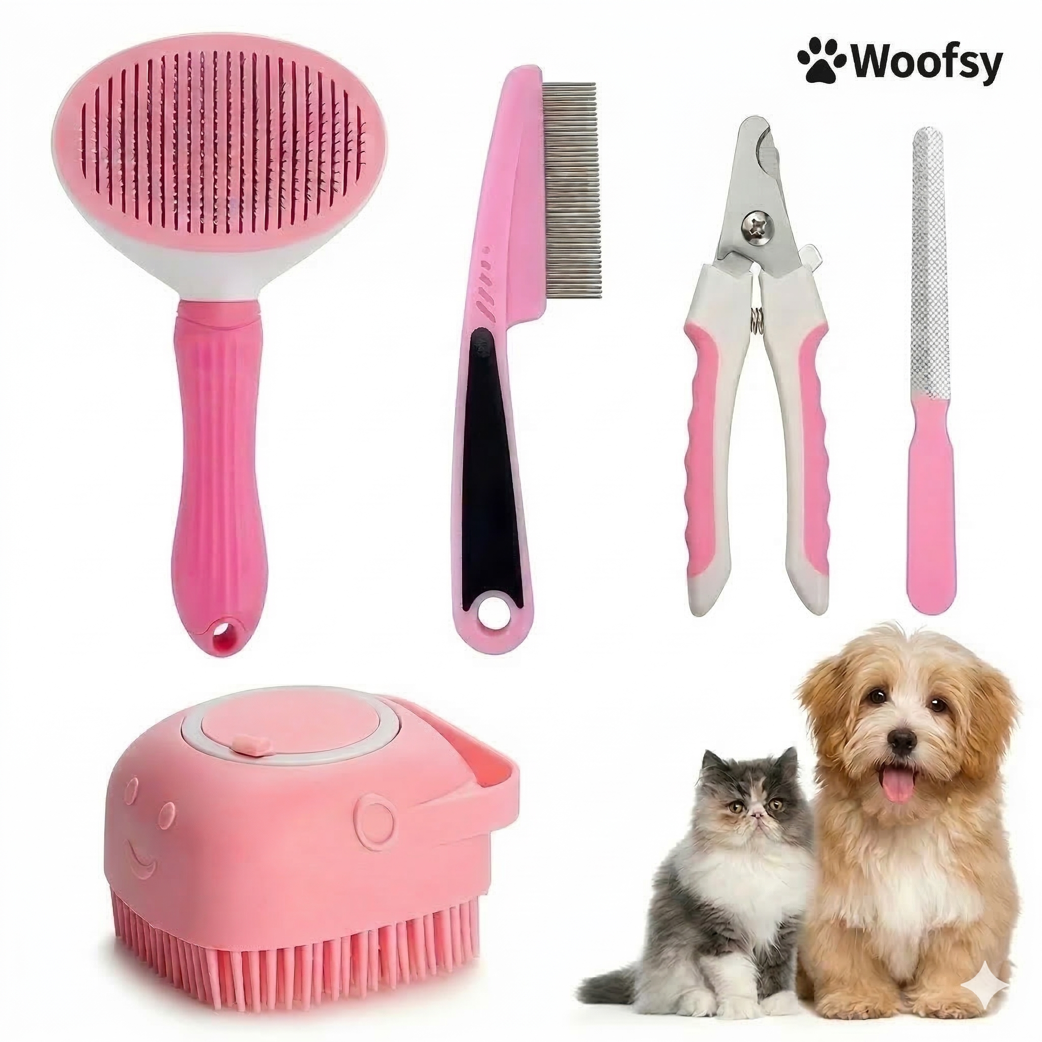 Woofsy Pet Grooming Kit – Dog Hair Remover Comb, Flea Comb, Shampoo Brush & Nail Clippers (Pack of 4) 🐾